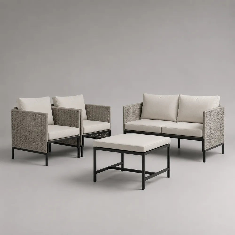Set divani da giardino 4 pezzi in rattan PE con struttura in alluminio nero cuscini beige tavolino rettangolare design modulare