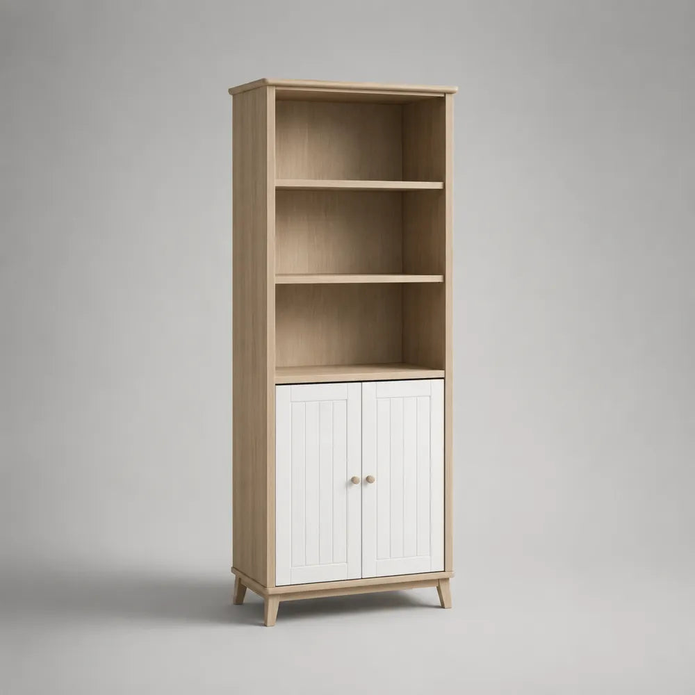 Libreria con mobile contenitore 60 cm 35 cm 180 cm in MDF effetto rovere e bianco con ripiani aperti e ante inferiori in legno massello