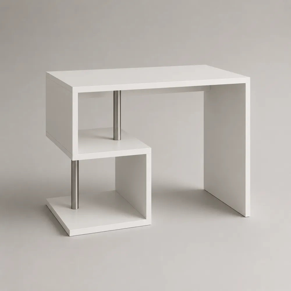 Scrivania moderna in MDF bianco con struttura laterale a mensola e supporti in metallo cromato 120 cm x 50 cm x 75 cm