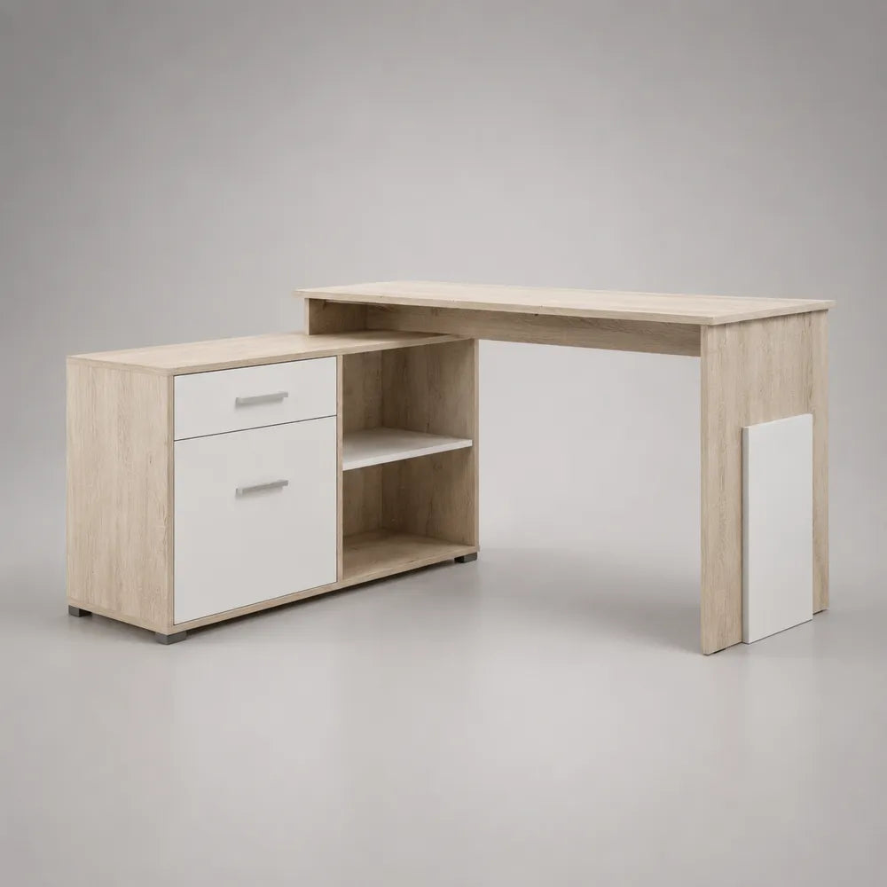 Scrivania angolare in MDF effetto rovere chiaro e bianco con cassetti e vani a giorno struttura a L 120 cm x 50 cm x 75 cm