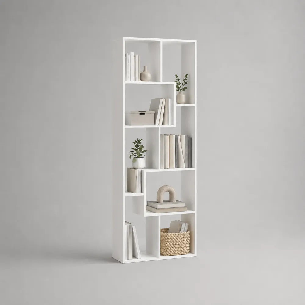 Libreria 60 cm 30 cm 180 cm struttura in MDF con rivestimento melaminico bianco design asimmetrico a vani aperti