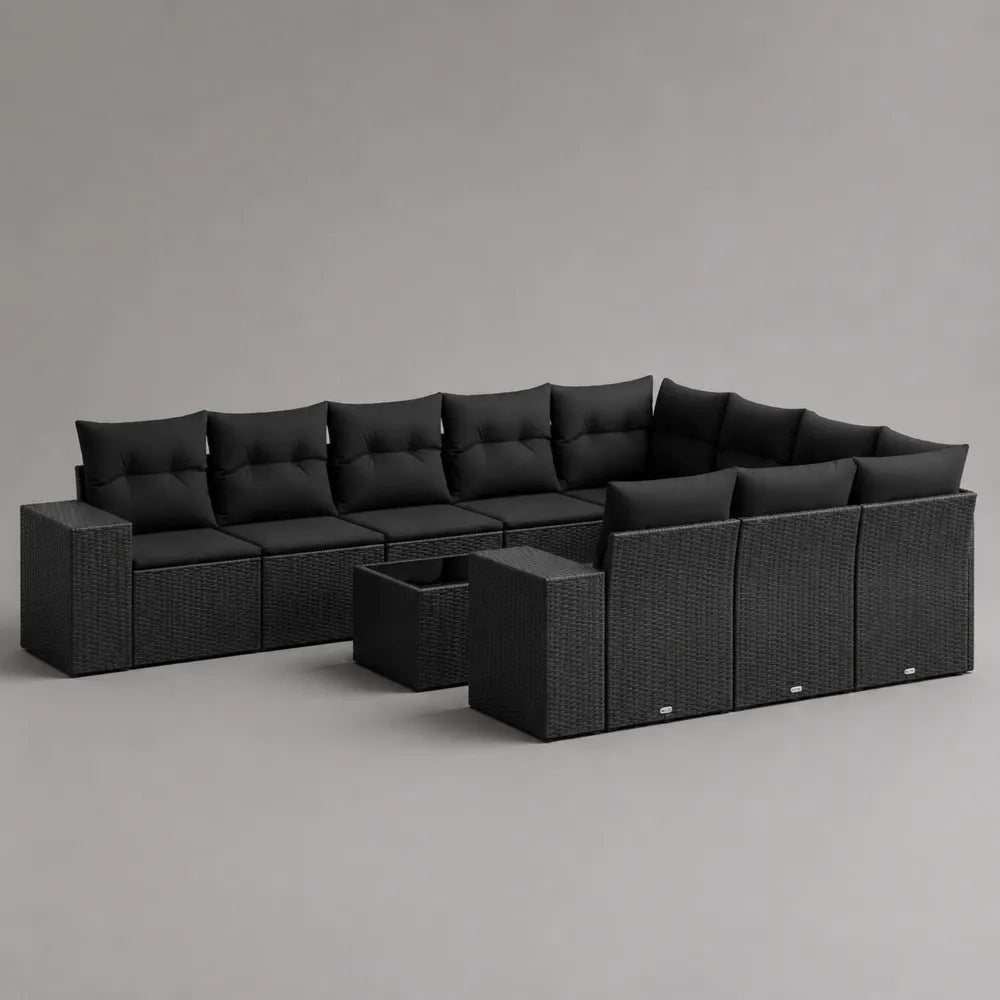 Divano da giardino modulare in rattan PE nero struttura in alluminio nero cuscini in poliestere nero configurazione a U dimensioni 280 cm x 200 cm x 75 cm