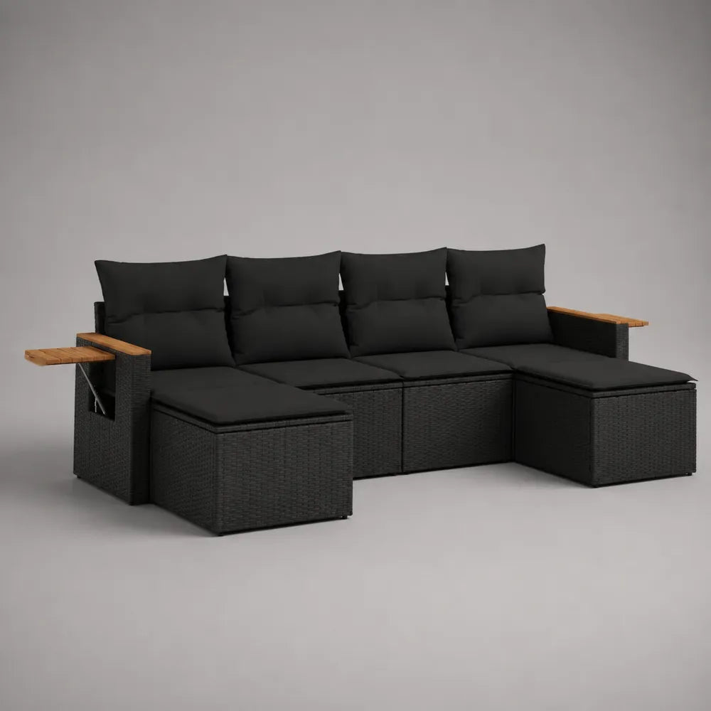 Divano da giardino modulare in rattan PE nero struttura in metallo verniciato nero cuscini neri braccioli in legno naturale configurazione a L dimensioni 240 cm x 180 cm x 70 cm