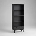 Libreria da soggiorno 60 cm 30 cm 160 cm in MDF nero con quattro ripiani aperti e due cassetti inferiori con gambe in legno massello nero