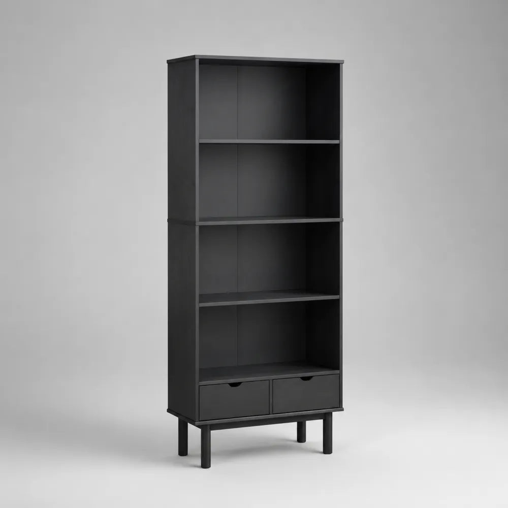 Libreria da soggiorno 60 cm 30 cm 160 cm in MDF nero con quattro ripiani aperti e due cassetti inferiori con gambe in legno massello nero