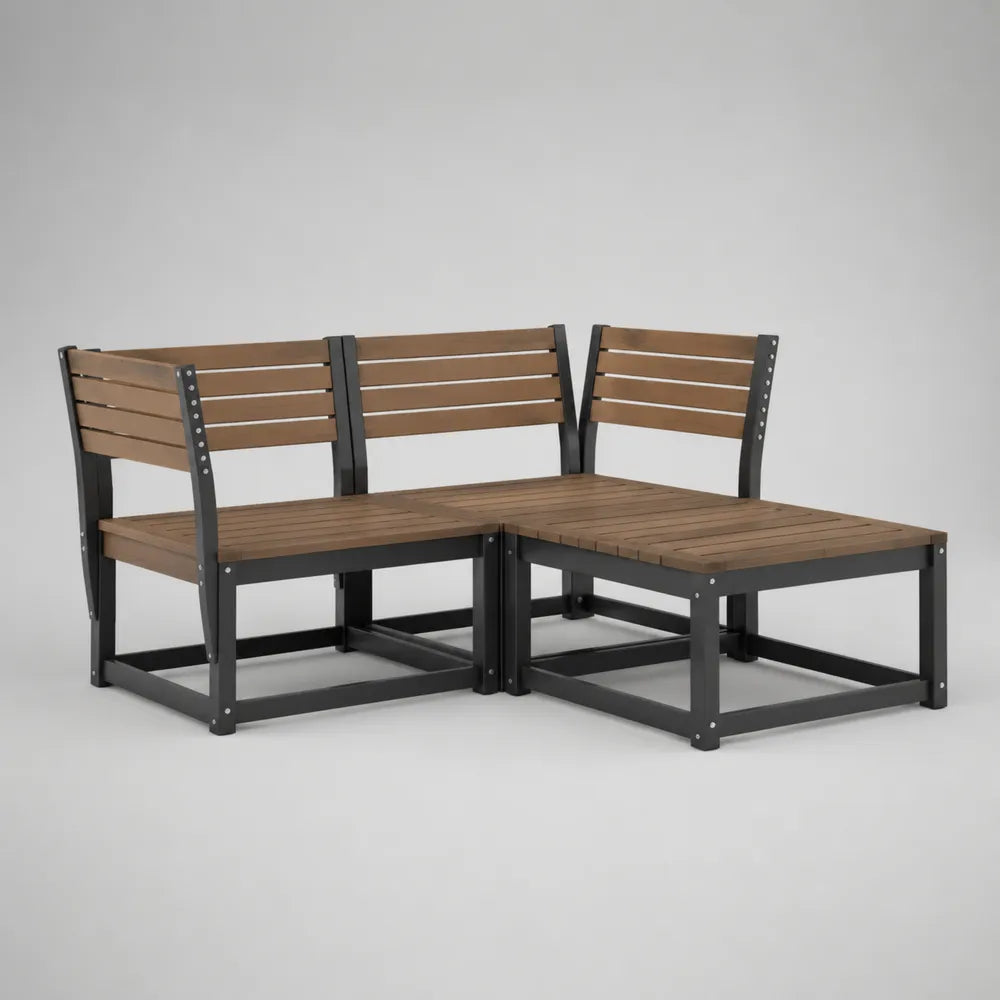 Divano da giardino angolare in acciaio verniciato nero e legno di acacia a L struttura modulare sedute 160 cm x 160 cm x 70 cm nero marrone