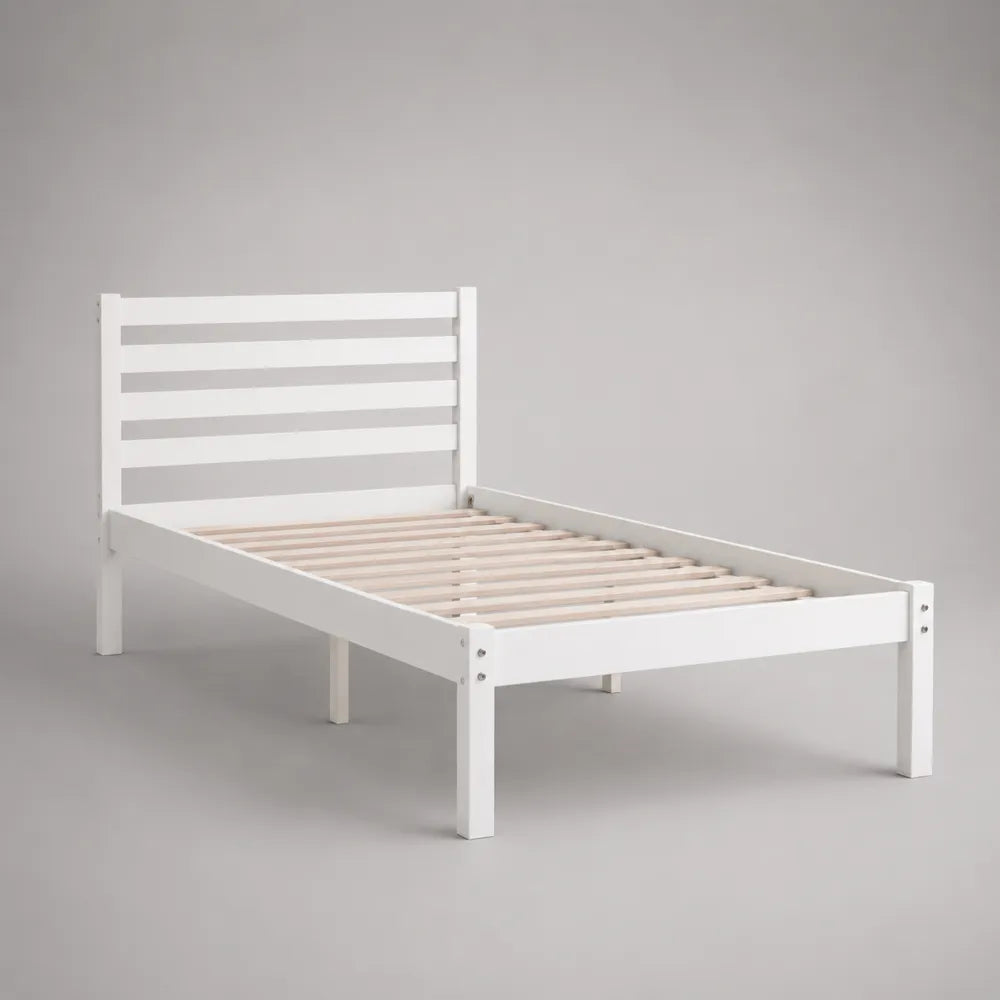 Letto singolo 90 x 200 cm in legno massello di pino colore bianco con testiera a doghe orizzontali struttura rettangolare