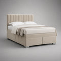 Letto matrimoniale contenitore 160 x 200 cm imbottito in tessuto colore beige con cassetti frontali testiera a pannelli verticali struttura rettangolare