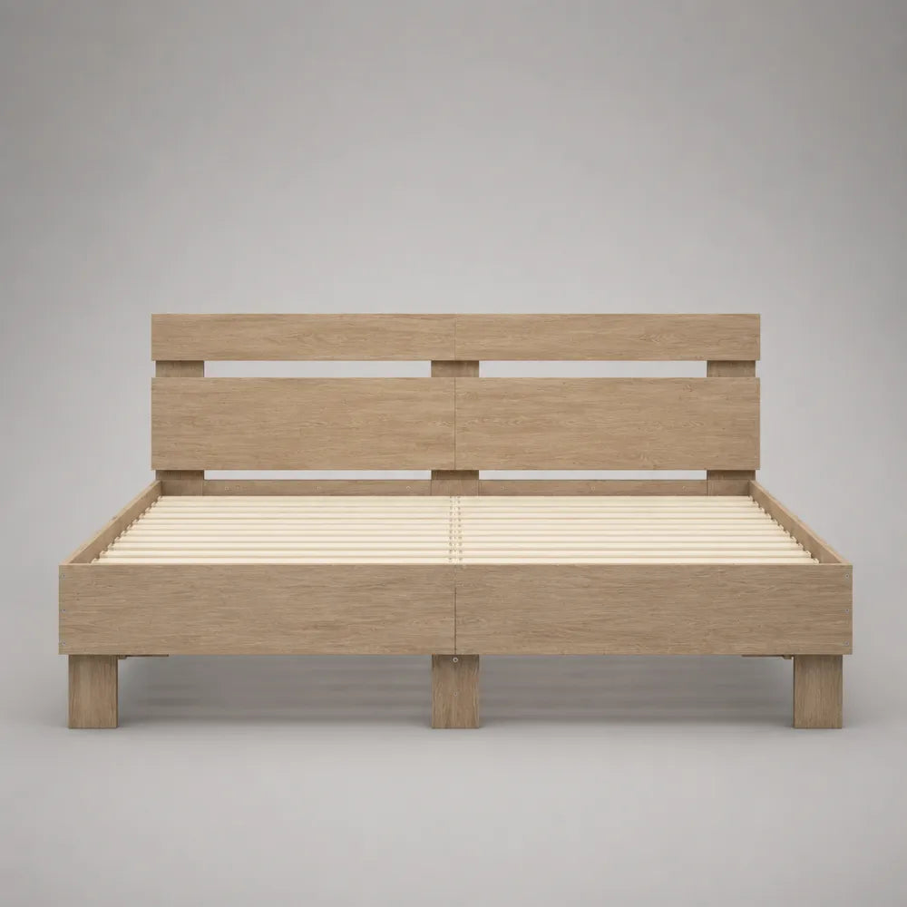 Letto matrimoniale 160x200 cm struttura in legno finitura naturale con testiera a doghe orizzontali rete a doghe forma rettangolare